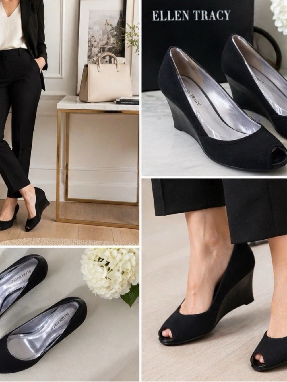 Ellen Tracy Wedge Pumps Womens 8.5 Black Peep Toe Stretch Fabric Career Shoes